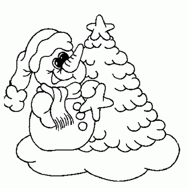 Snowman by the Christmas tree coloring page